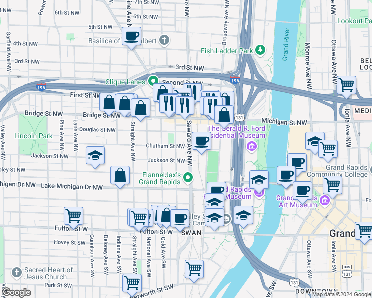 map of restaurants, bars, coffee shops, grocery stores, and more near 301 Seward Avenue Northwest in Grand Rapids