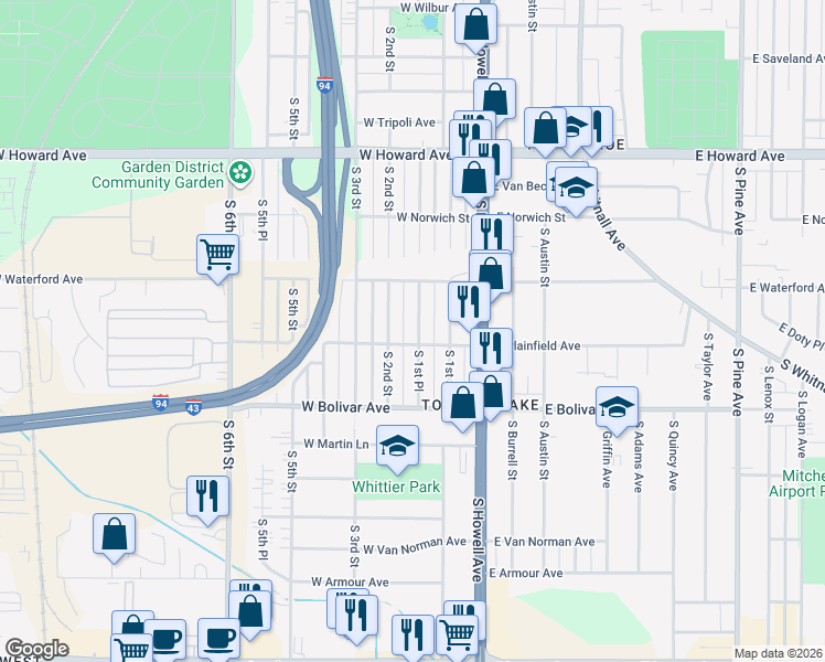 map of restaurants, bars, coffee shops, grocery stores, and more near 4150 South 1st Place in Milwaukee