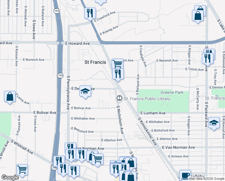 map of restaurants, bars, coffee shops, grocery stores, and more near in Saint Francis