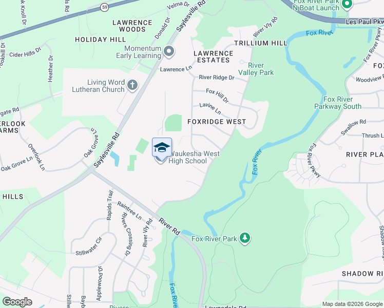 map of restaurants, bars, coffee shops, grocery stores, and more near 3315 Fox Ridge Drive in Waukesha