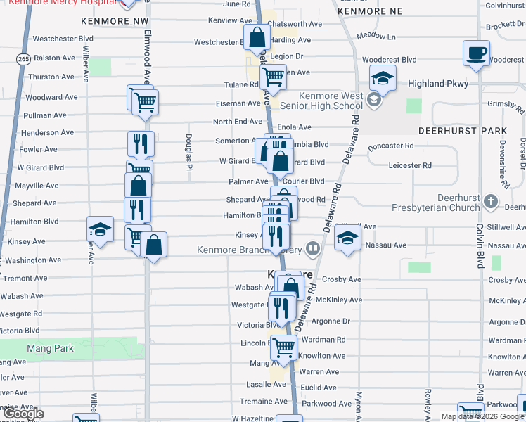 map of restaurants, bars, coffee shops, grocery stores, and more near 16 Shepard Avenue in Buffalo
