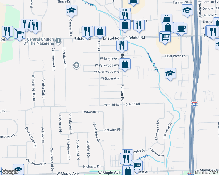 map of restaurants, bars, coffee shops, grocery stores, and more near 1028 West McLean Avenue in Flint
