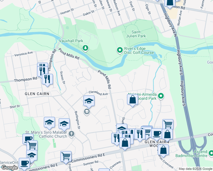 map of restaurants, bars, coffee shops, grocery stores, and more near 147 Pond Mills Road in London