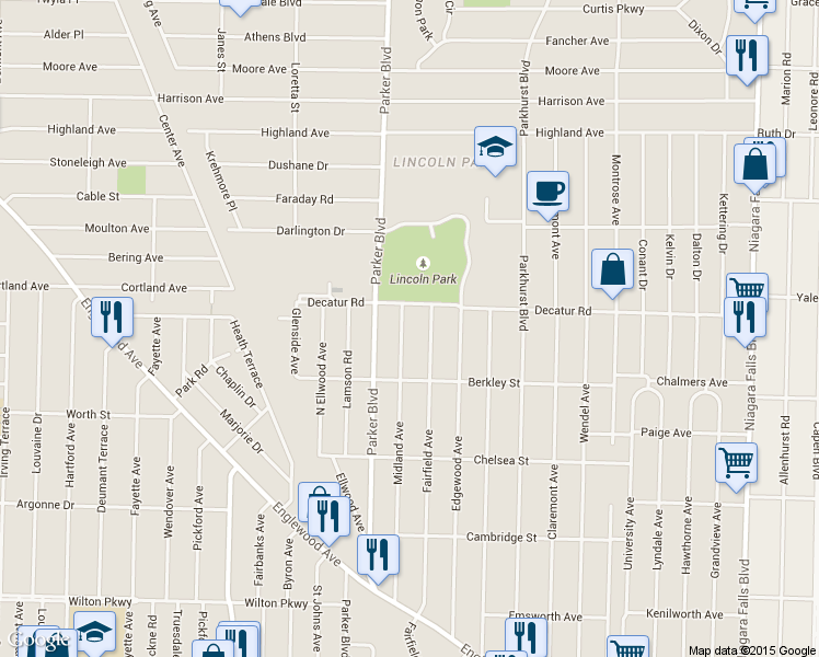 map of restaurants, bars, coffee shops, grocery stores, and more near 285 Midland Avenue in Buffalo