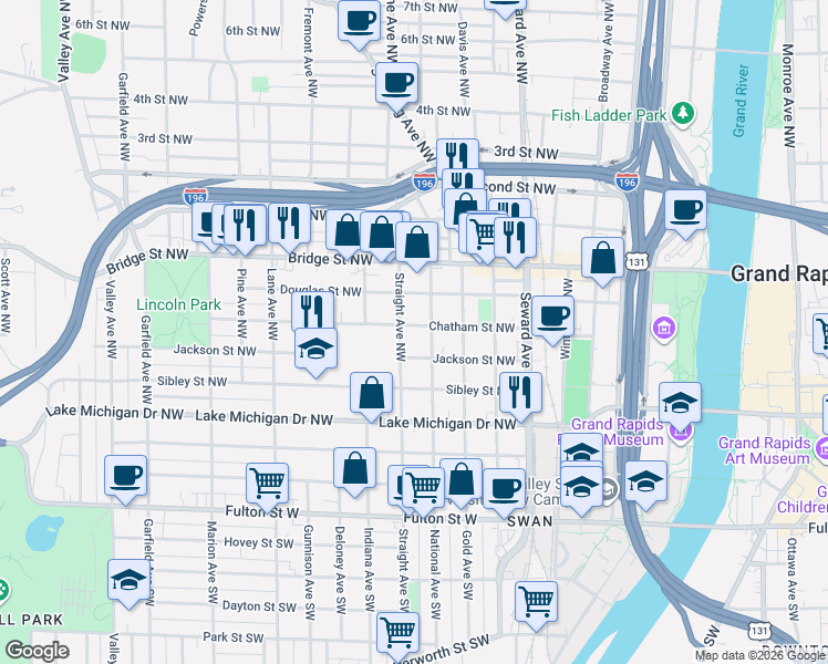 map of restaurants, bars, coffee shops, grocery stores, and more near 748 Chatham Street Northwest in Grand Rapids