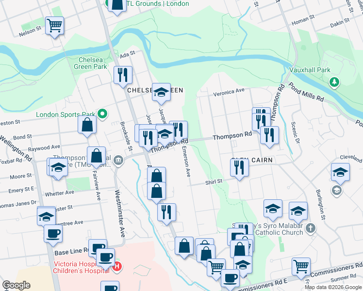 map of restaurants, bars, coffee shops, grocery stores, and more near 273 Thompson Road in London