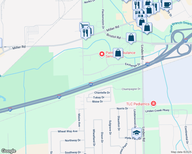 map of restaurants, bars, coffee shops, grocery stores, and more near 5225 Exchange Drive in Flint