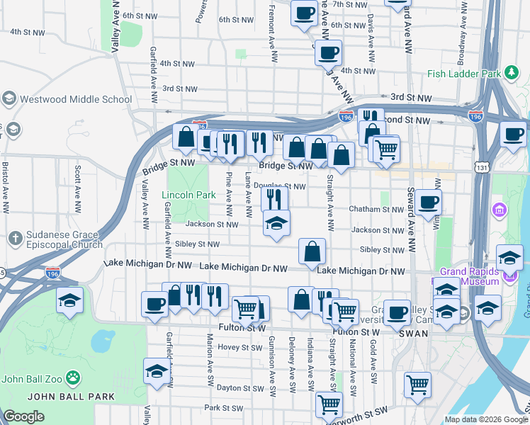 map of restaurants, bars, coffee shops, grocery stores, and more near 952 Chatham Street Northwest in Grand Rapids