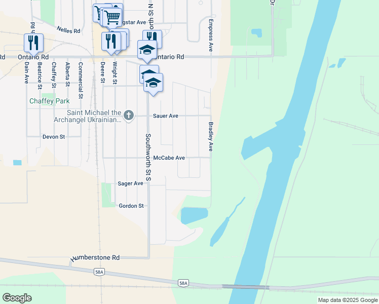 map of restaurants, bars, coffee shops, grocery stores, and more near 215 McLaughlin Street in Welland