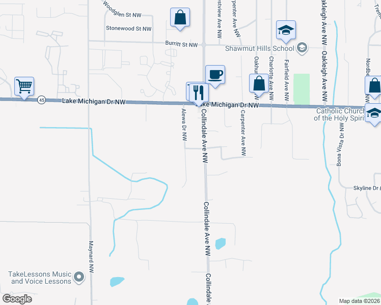 map of restaurants, bars, coffee shops, grocery stores, and more near 2860 Olivia Street Northwest in Grand Rapids
