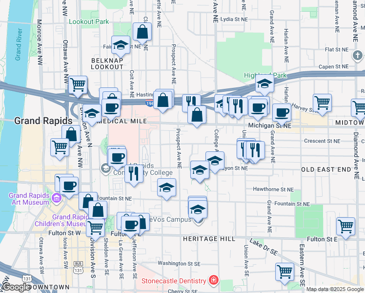 map of restaurants, bars, coffee shops, grocery stores, and more near 335 Crescent Street Northeast in Grand Rapids