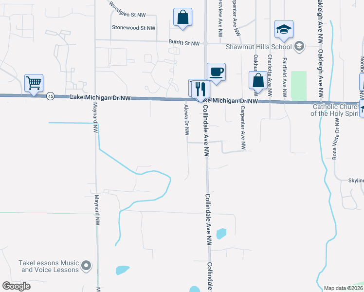 map of restaurants, bars, coffee shops, grocery stores, and more near 2860 Olivia Street Northwest in Grand Rapids