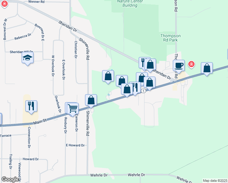 map of restaurants, bars, coffee shops, grocery stores, and more near 9030 Main Street in Clarence