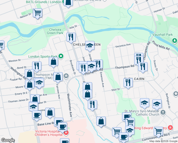 map of restaurants, bars, coffee shops, grocery stores, and more near 216 Thompson Road in London