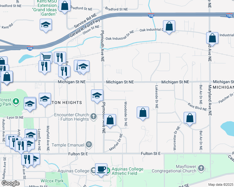 map of restaurants, bars, coffee shops, grocery stores, and more near 1842 Lonsdale Drive Northeast in Grand Rapids
