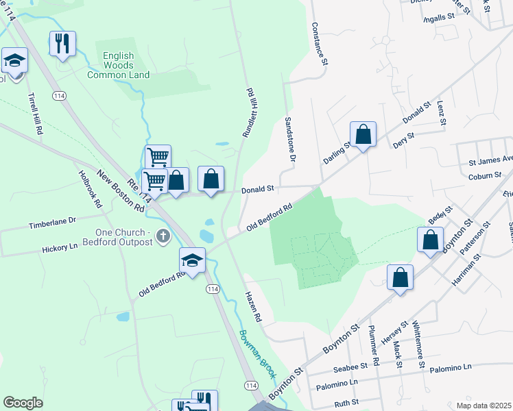 map of restaurants, bars, coffee shops, grocery stores, and more near 480 Donald Street in Bedford
