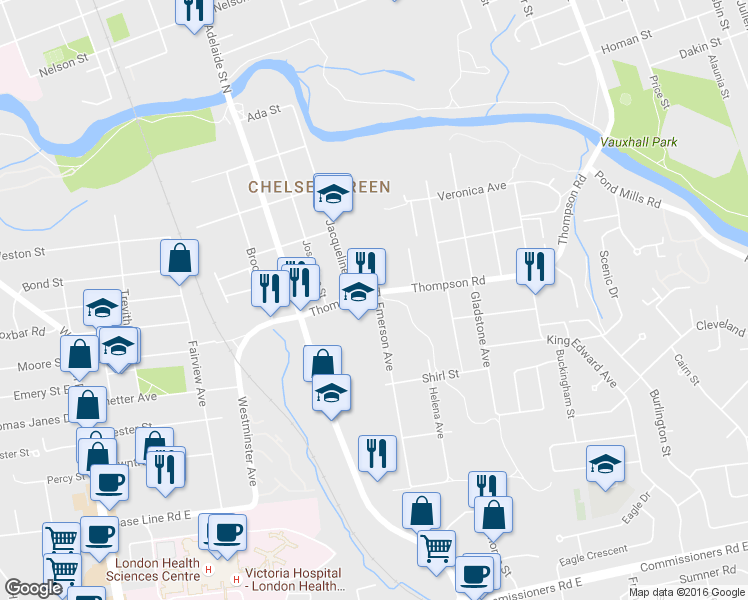 map of restaurants, bars, coffee shops, grocery stores, and more near 273 Thompson Road in London