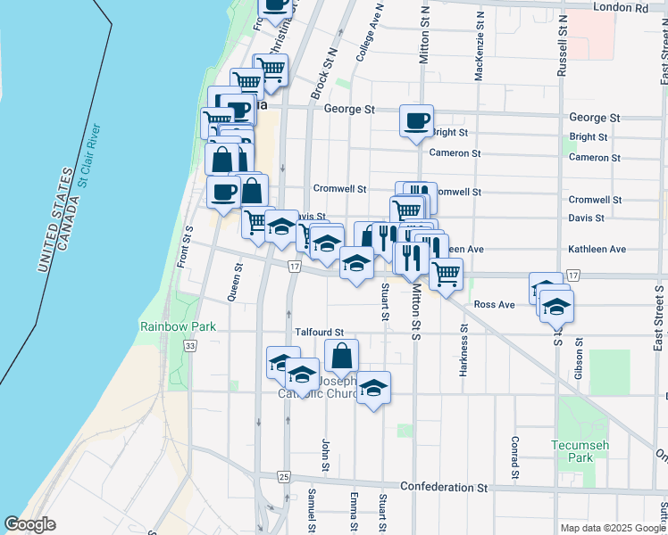 map of restaurants, bars, coffee shops, grocery stores, and more near 258 Wellington St in Sarnia