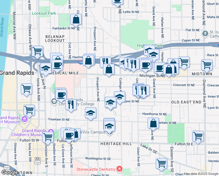 map of restaurants, bars, coffee shops, grocery stores, and more near 429 Crescent Street Northeast in Grand Rapids