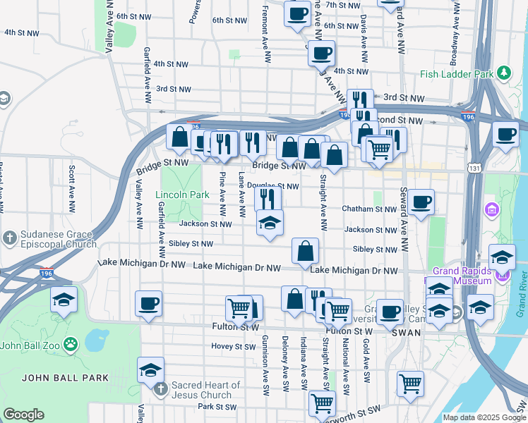 map of restaurants, bars, coffee shops, grocery stores, and more near 912 Chatham Street Northwest in Grand Rapids