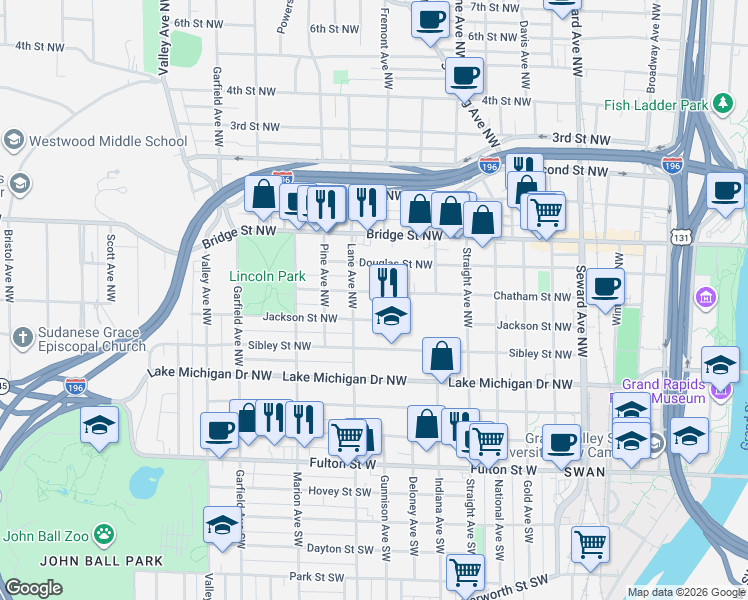 map of restaurants, bars, coffee shops, grocery stores, and more near 952 Chatham Street Northwest in Grand Rapids
