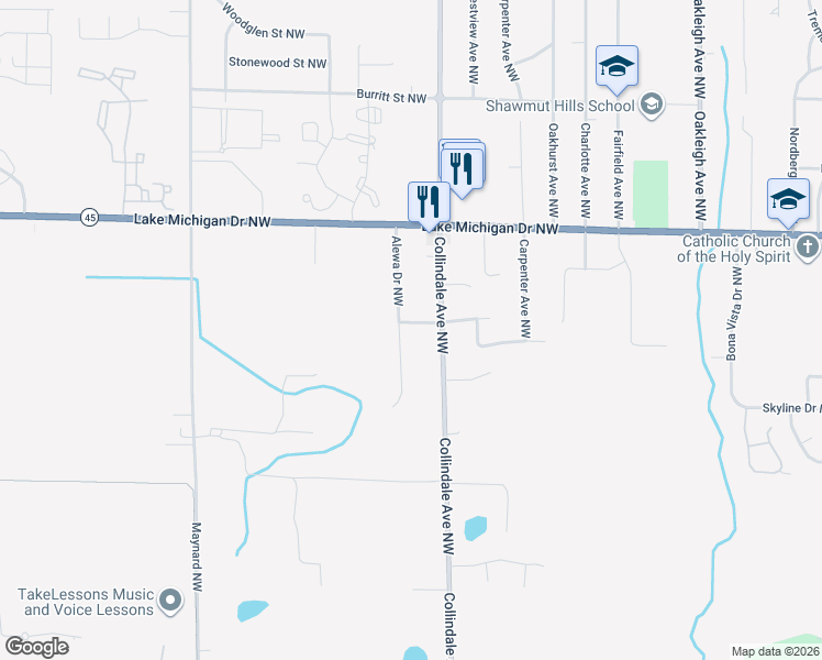 map of restaurants, bars, coffee shops, grocery stores, and more near 2860 Olivia Street Northwest in Grand Rapids