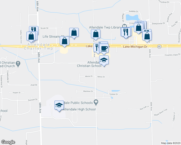 map of restaurants, bars, coffee shops, grocery stores, and more near 6425 Mista Drive in Allendale Charter Township