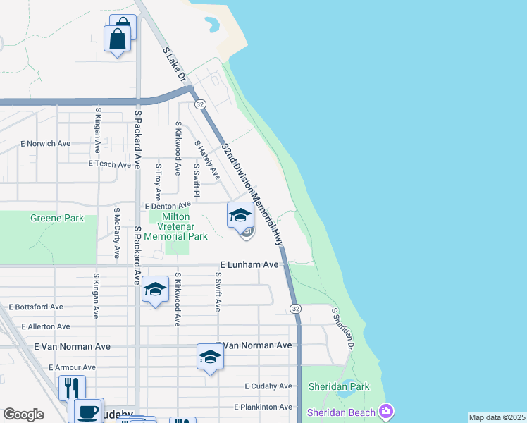 map of restaurants, bars, coffee shops, grocery stores, and more near 4120 South Lake Drive in Saint Francis