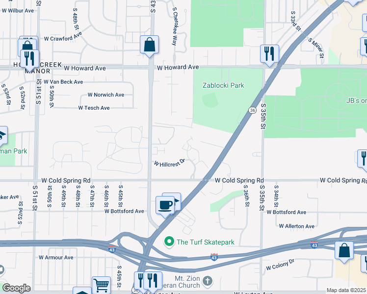 map of restaurants, bars, coffee shops, grocery stores, and more near 4201-4215 Ravinia Drive in Greenfield
