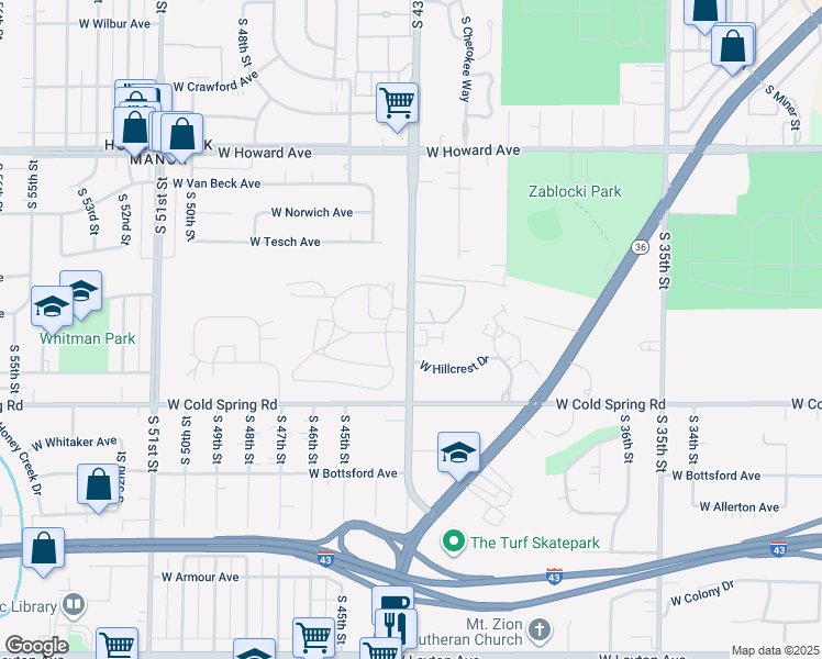 map of restaurants, bars, coffee shops, grocery stores, and more near 4197 S 43rd St in Greenfield
