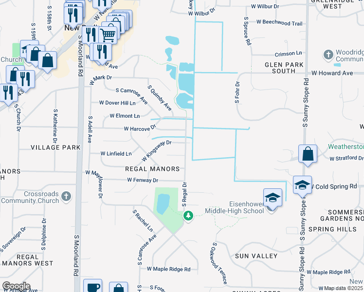 map of restaurants, bars, coffee shops, grocery stores, and more near 14875 West Kingsway Drive in New Berlin