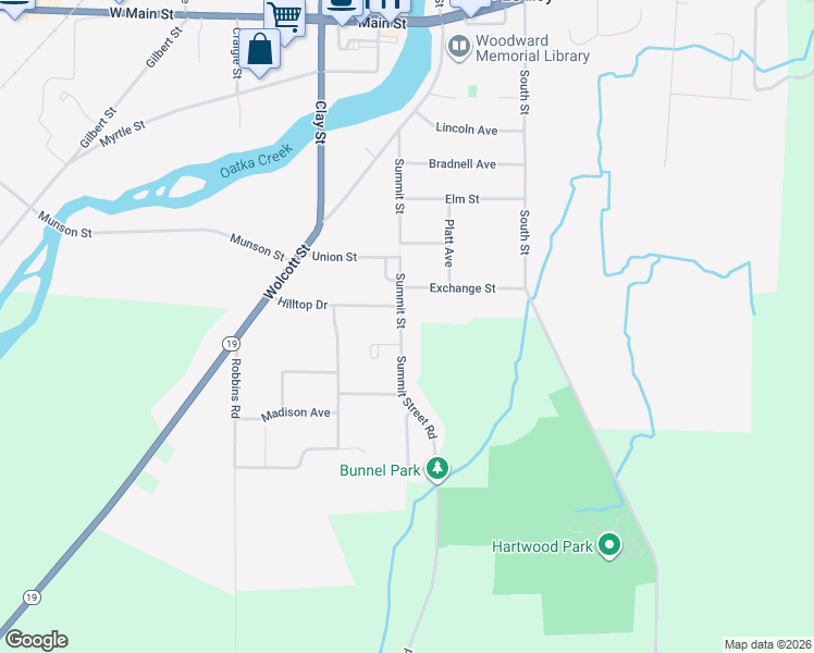 map of restaurants, bars, coffee shops, grocery stores, and more near 77 Summit Street in Le Roy
