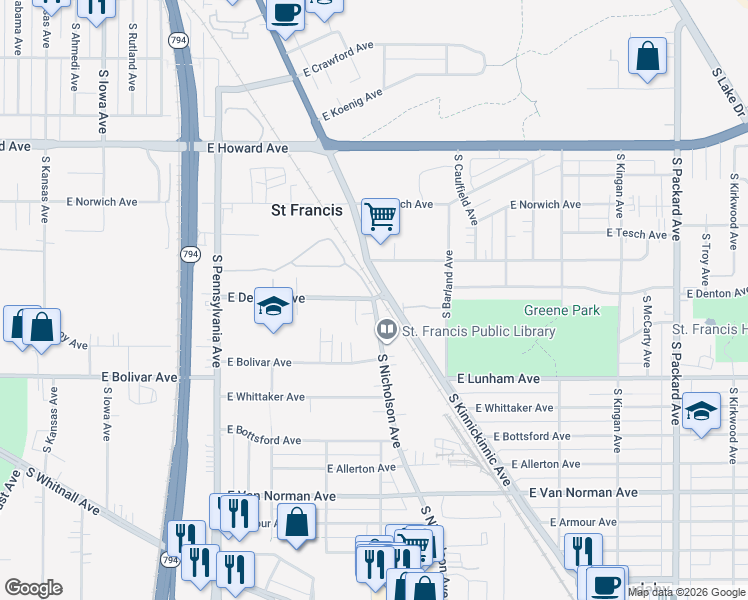 map of restaurants, bars, coffee shops, grocery stores, and more near E Denton Ave & Hidden Dr in St Francis