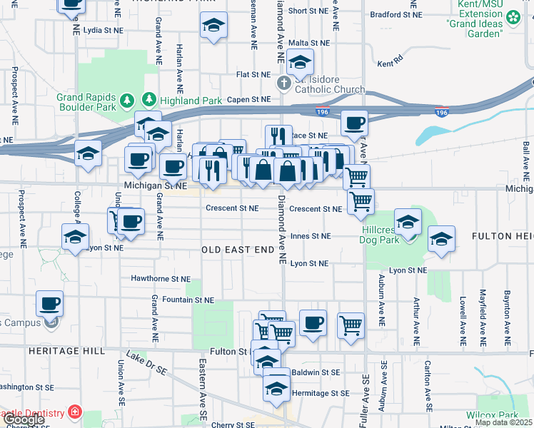 map of restaurants, bars, coffee shops, grocery stores, and more near 936 Crescent Street Northeast in Grand Rapids