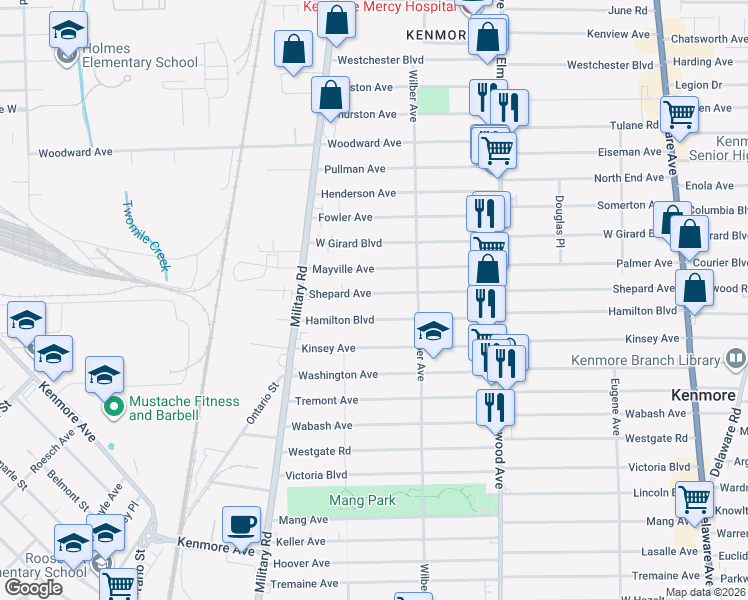 map of restaurants, bars, coffee shops, grocery stores, and more near 336 Shepard Avenue in Buffalo