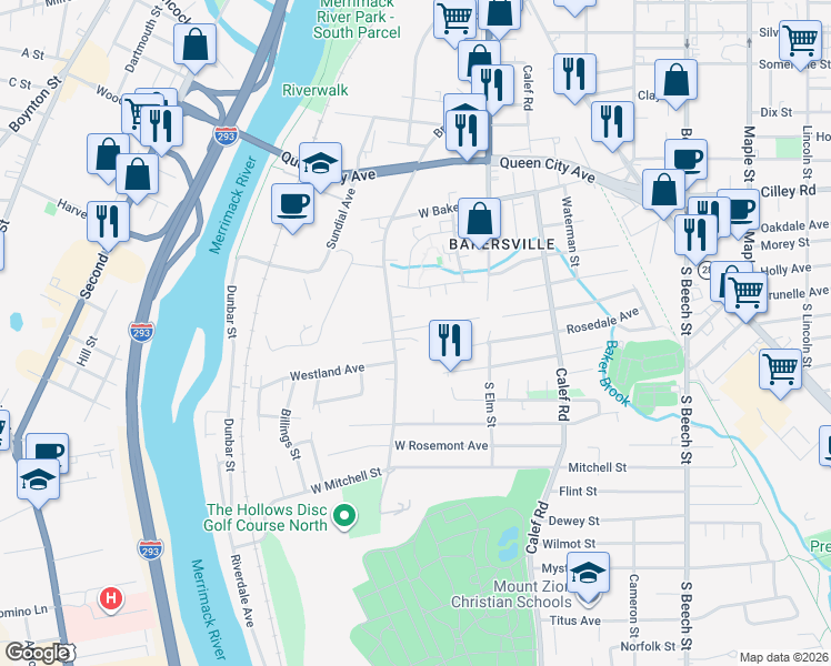 map of restaurants, bars, coffee shops, grocery stores, and more near 118 West Hillcrest Avenue in Manchester
