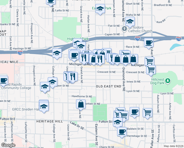 map of restaurants, bars, coffee shops, grocery stores, and more near 748 Crescent Street Northeast in Grand Rapids