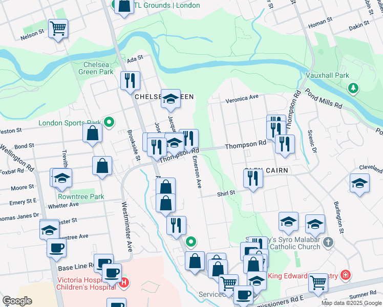 map of restaurants, bars, coffee shops, grocery stores, and more near 273 Thompson Road in London