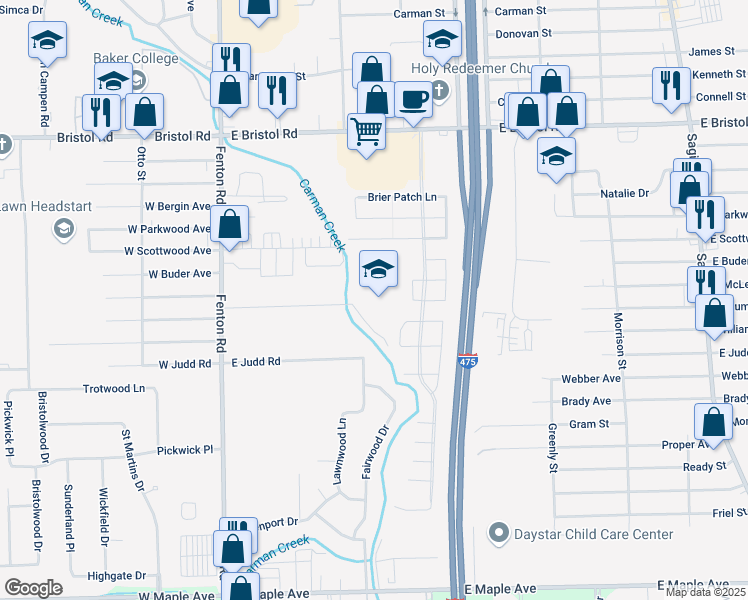 map of restaurants, bars, coffee shops, grocery stores, and more near 1197 East Schumacher Street in Burton