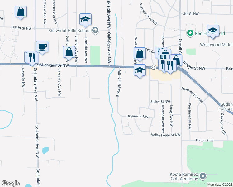 map of restaurants, bars, coffee shops, grocery stores, and more near 243 Bona Vista Drive Northwest in Grand Rapids