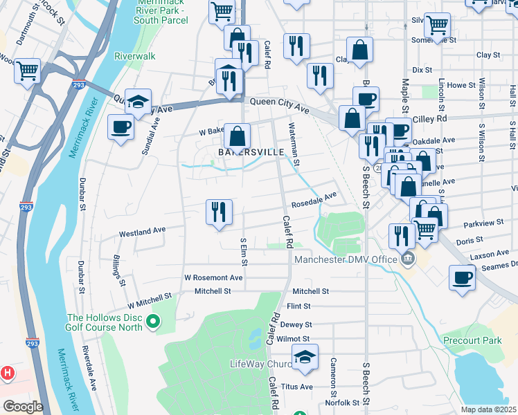 map of restaurants, bars, coffee shops, grocery stores, and more near 30 Rosedale Avenue in Manchester
