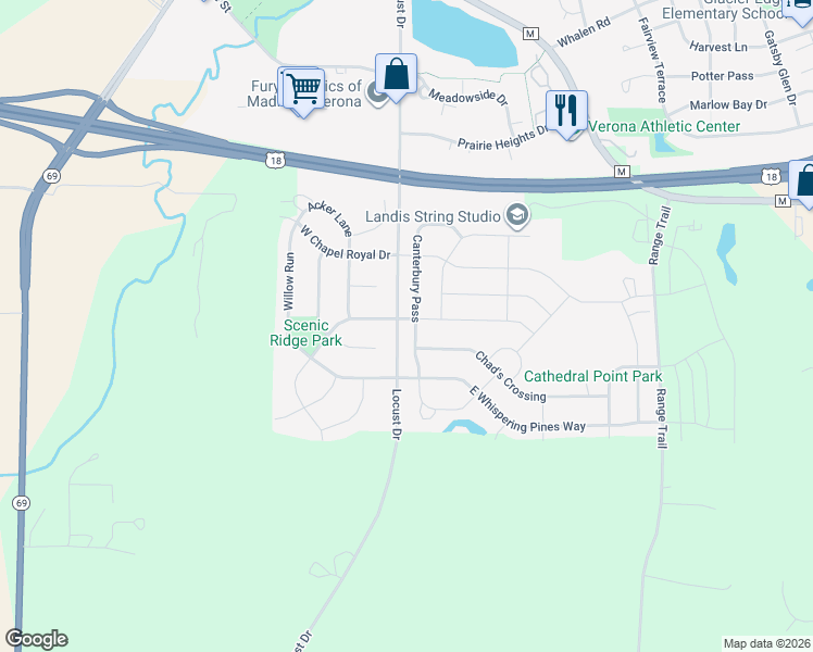 map of restaurants, bars, coffee shops, grocery stores, and more near 1208 Canterbury Pass in Verona