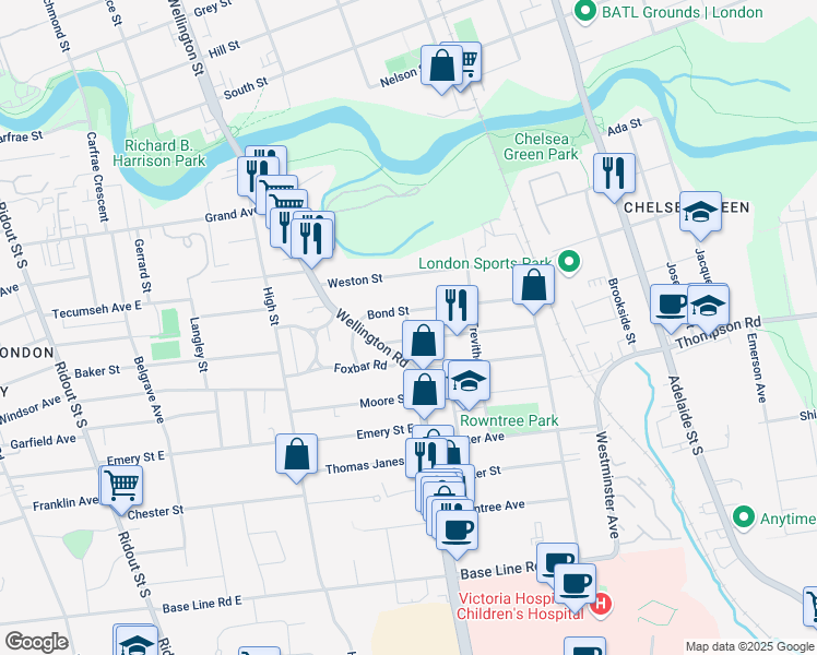 map of restaurants, bars, coffee shops, grocery stores, and more near 8 Beverley St in London
