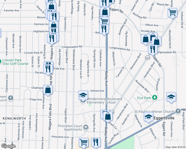 map of restaurants, bars, coffee shops, grocery stores, and more near 368 Springville Avenue in Buffalo