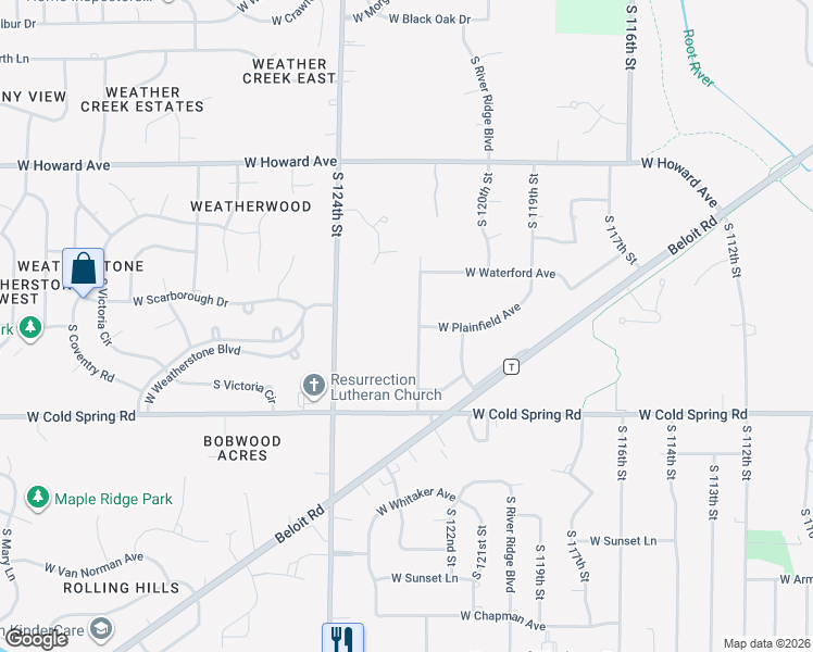 map of restaurants, bars, coffee shops, grocery stores, and more near 4171 South 122nd Street in Greenfield