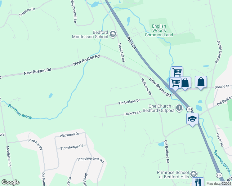 map of restaurants, bars, coffee shops, grocery stores, and more near 4 Roblin Rd in Bedford