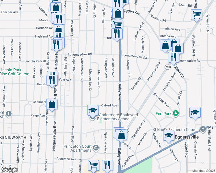map of restaurants, bars, coffee shops, grocery stores, and more near 368 Springville Avenue in Buffalo