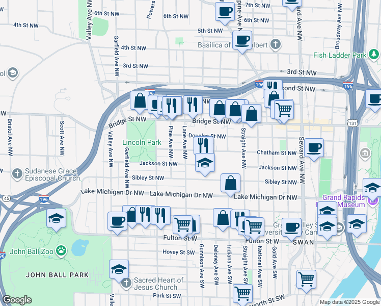 map of restaurants, bars, coffee shops, grocery stores, and more near 952 Chatham St NW in Grand Rapids