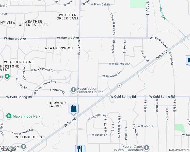 map of restaurants, bars, coffee shops, grocery stores, and more near 4171 South 122nd Street in Greenfield