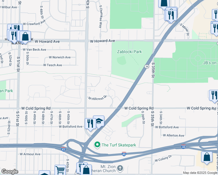 map of restaurants, bars, coffee shops, grocery stores, and more near 4201 South Ravinia Drive in Greenfield